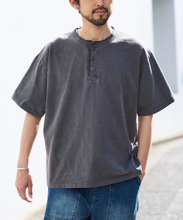 HEAVY WEIGHT/ヘビーウェイト 顏料染色 短袖 Henley neck 10.5オンス T恤