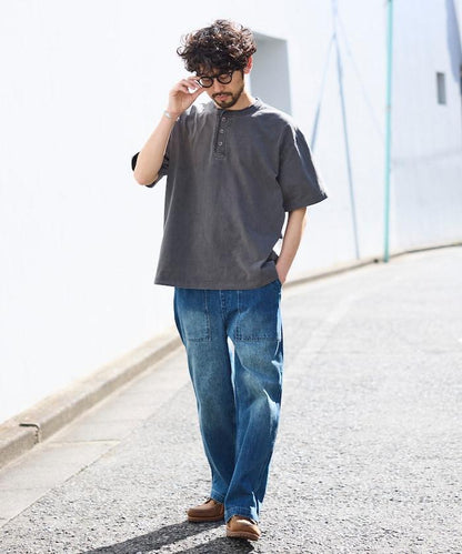HEAVY WEIGHT/ヘビーウェイト 顏料染色 短袖 Henley neck 10.5オンス T恤