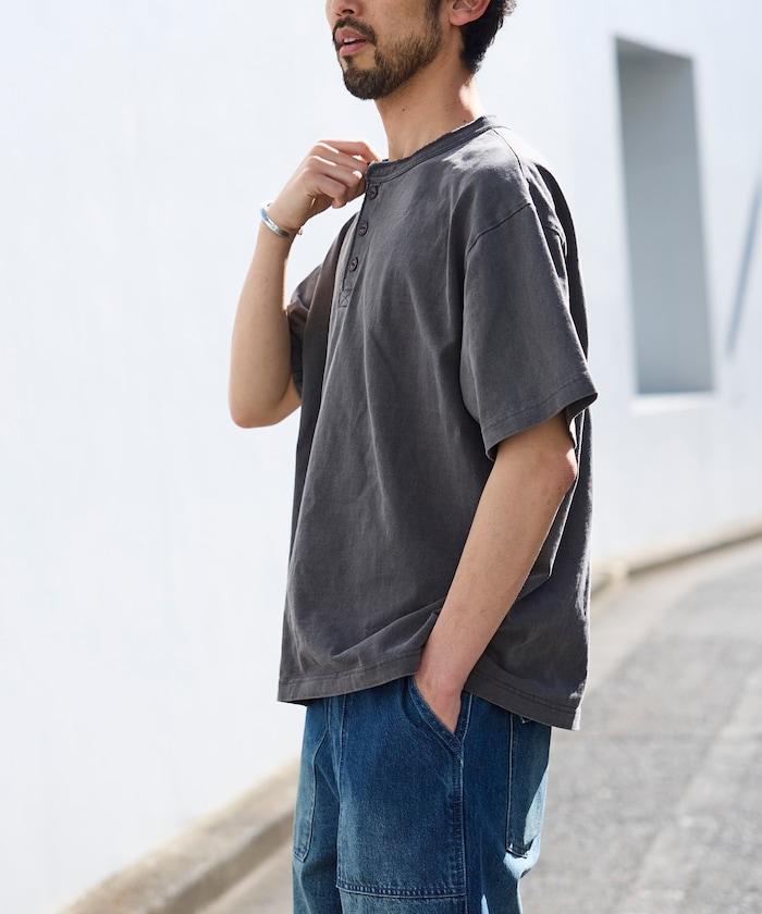 HEAVY WEIGHT/ヘビーウェイト 顏料染色 短袖 Henley neck 10.5オンス T恤