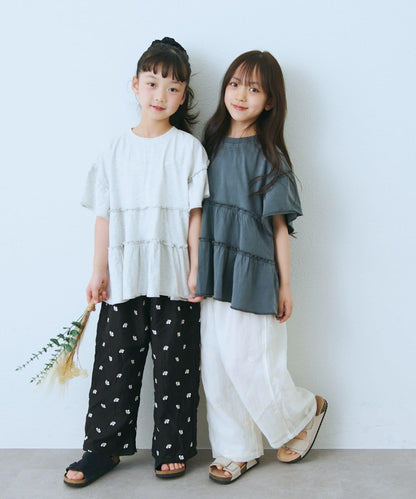 花朵刺繡滾邊 兒童褲子
