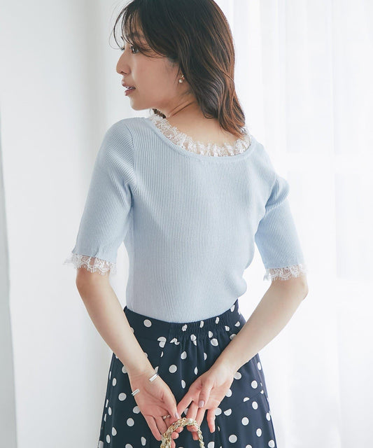 【La boutique BonBon】UV防曬蕾絲前後兩穿亮絲羅紋針織衫