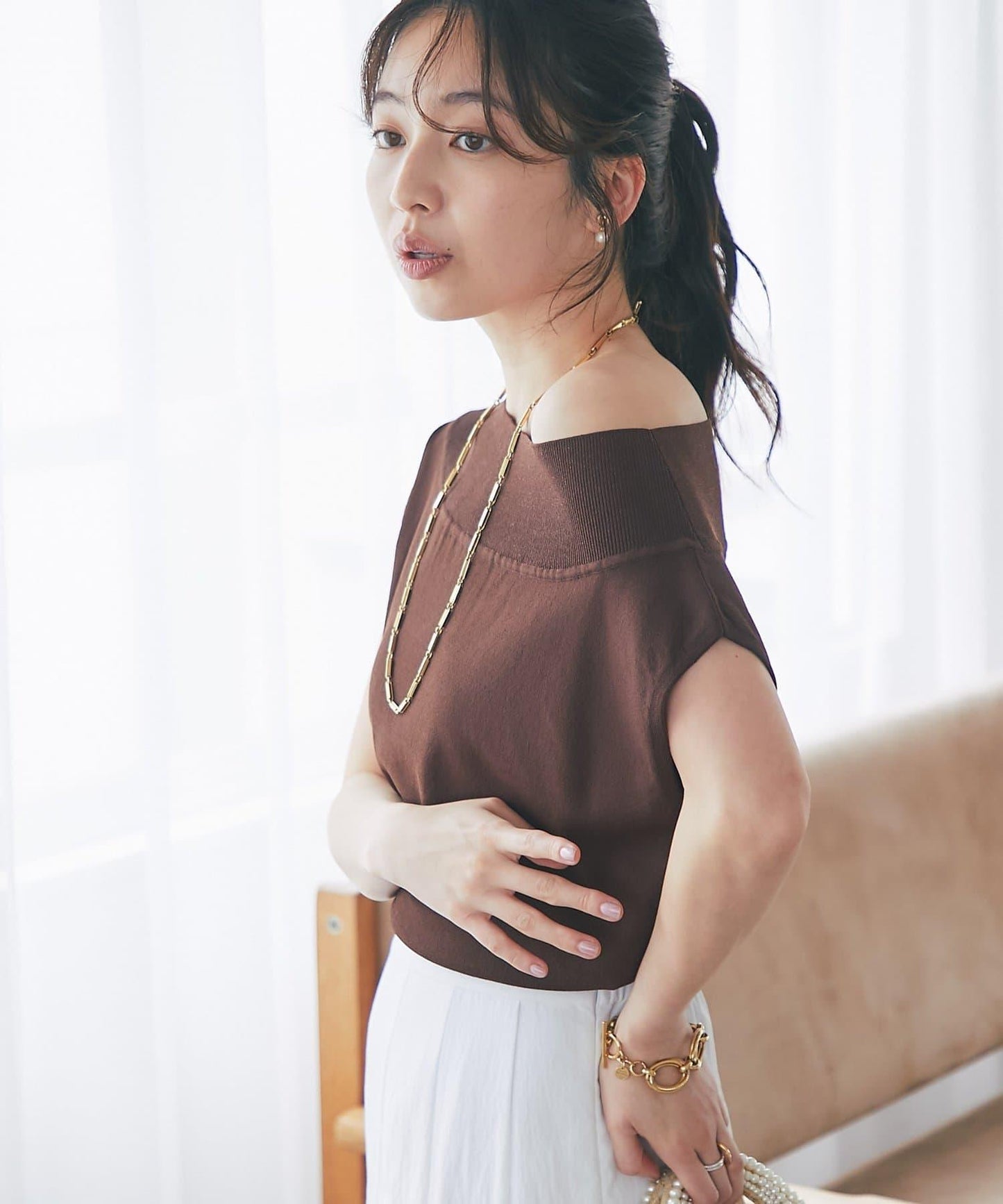 清涼觸感防曬 露肩 法式針織 針織上衣