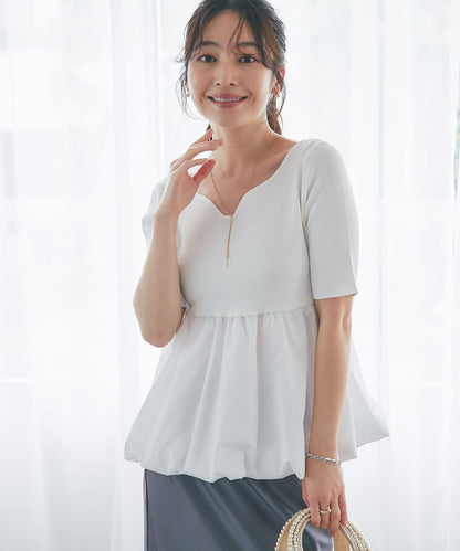 清涼觸感防曬 五分袖 氣球荷葉擺 針織上衣