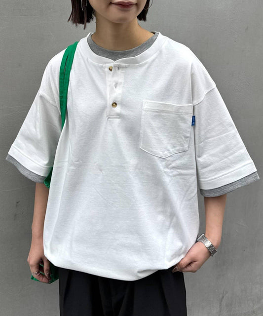 UNISEX 防汗漬 層疊效果亨利領TEE
