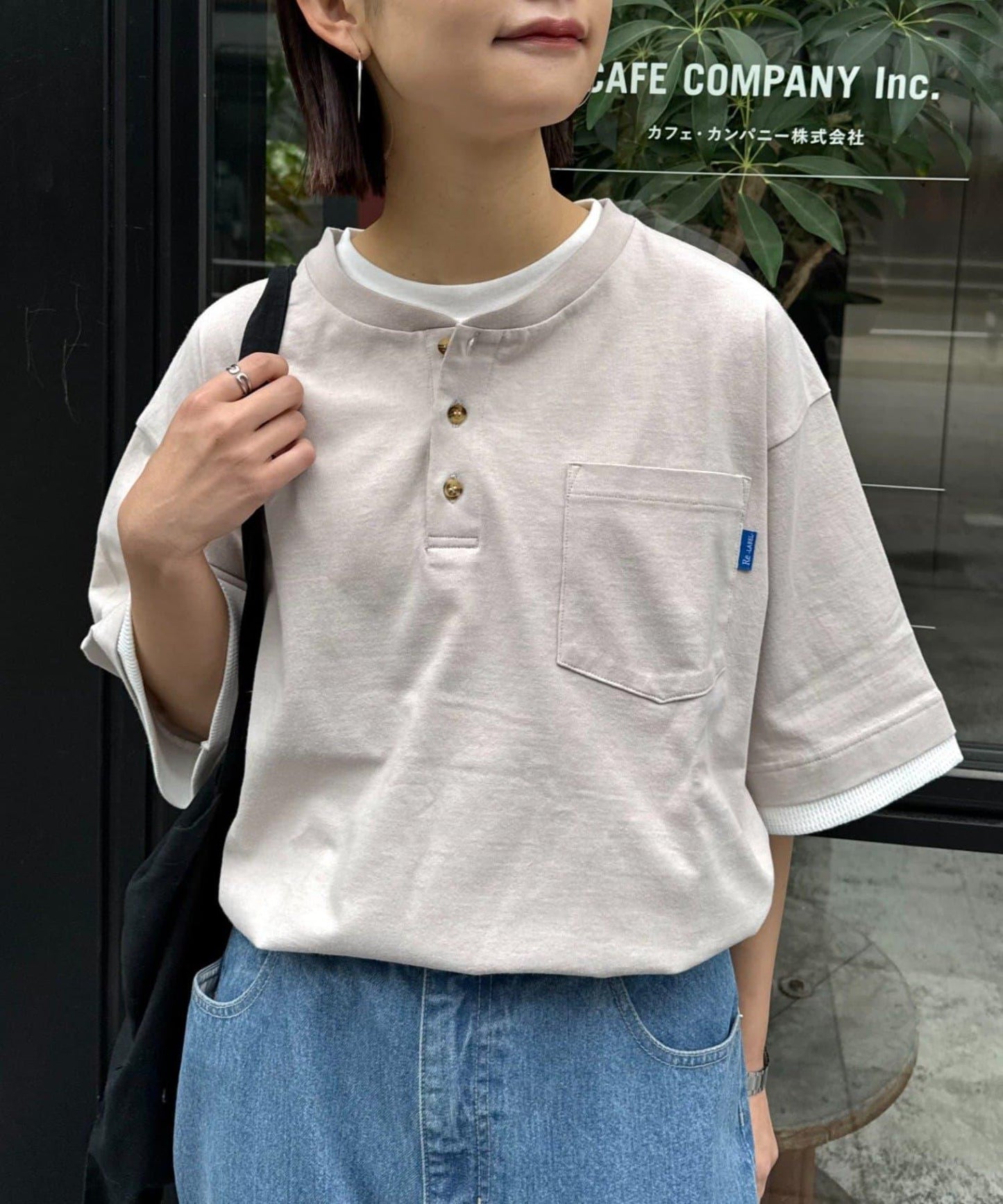 UNISEX 防汗漬 層疊效果亨利領TEE