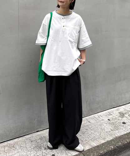UNISEX 防汗漬 層疊效果亨利領TEE