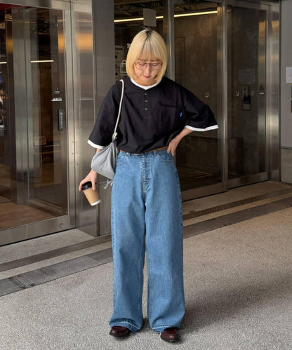 UNISEX 防汗漬 層疊效果亨利領TEE