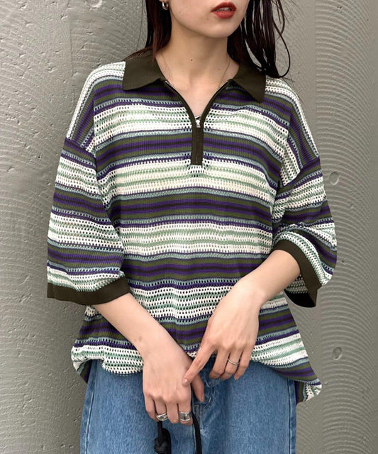 UNISEX 鏤空網眼條紋 半拉鍊 夏季針織 Polo衫