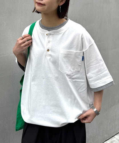 UNISEX 防汗漬 層疊效果亨利領TEE