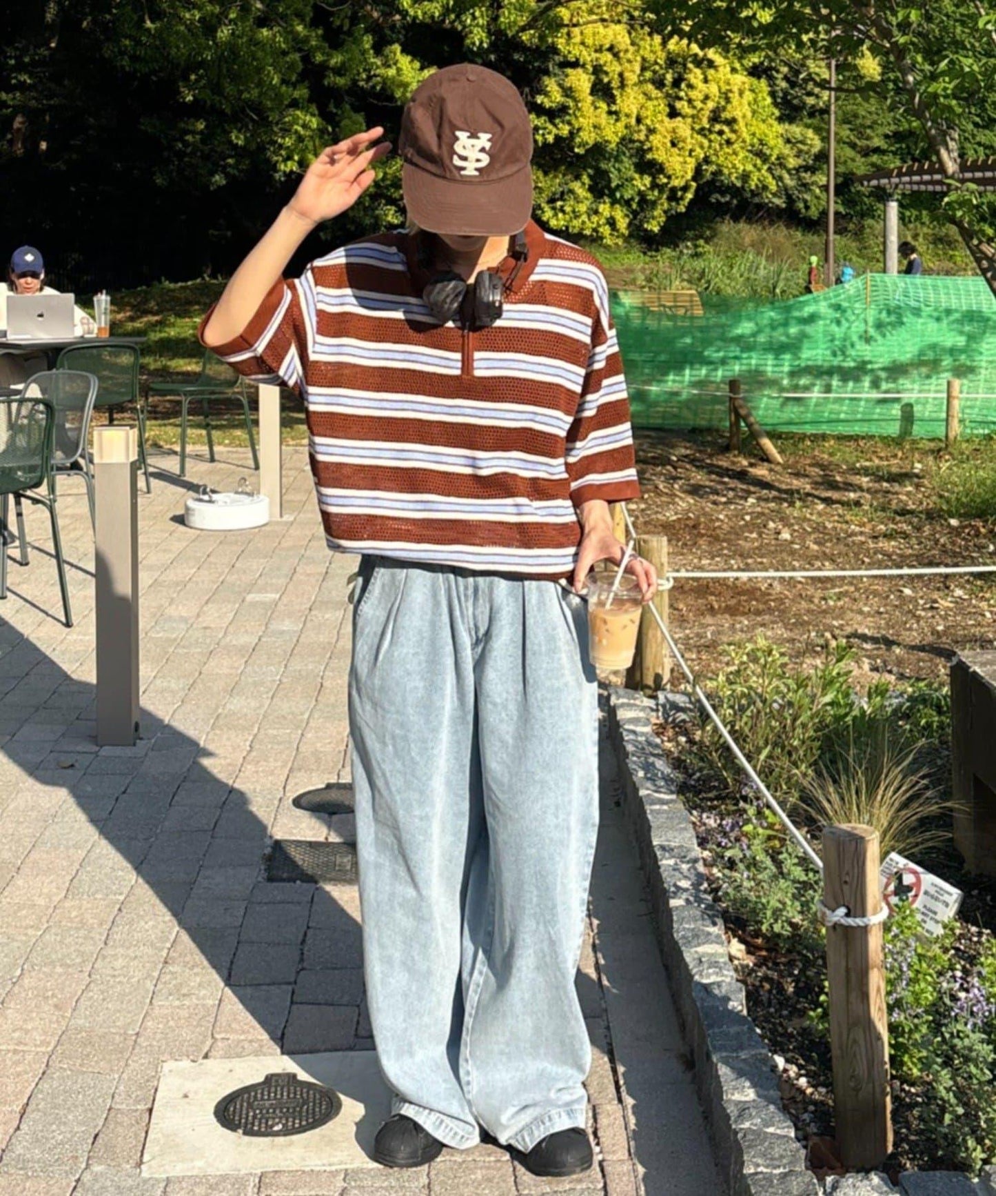 UNISEX 鏤空網眼條紋 半拉鍊 夏季針織 Polo衫