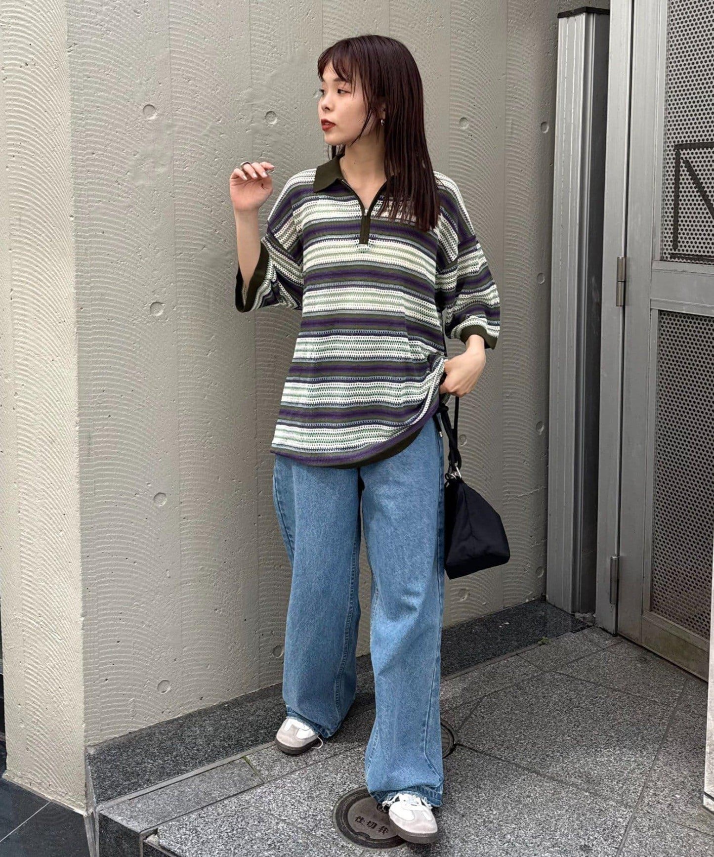 UNISEX 鏤空網眼條紋 半拉鍊 夏季針織 Polo衫