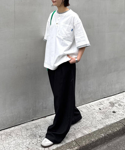 UNISEX 防汗漬 層疊效果亨利領TEE