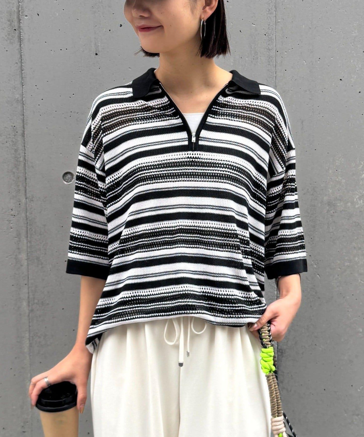 UNISEX 鏤空網眼條紋 半拉鍊 夏季針織 Polo衫