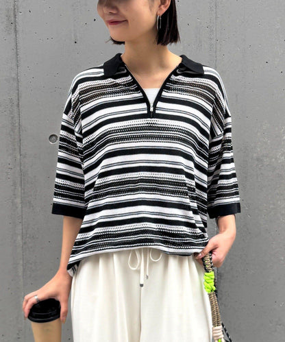 UNISEX 鏤空網眼條紋 半拉鍊 夏季針織 Polo衫