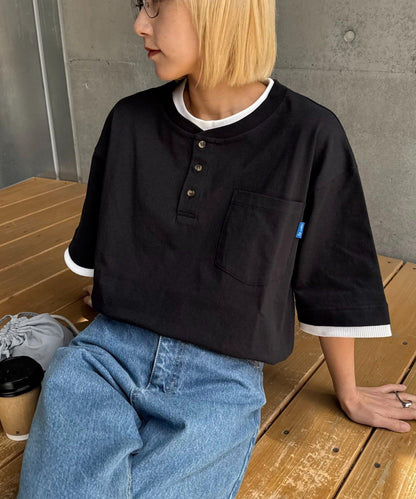 UNISEX 防汗漬 層疊效果亨利領TEE
