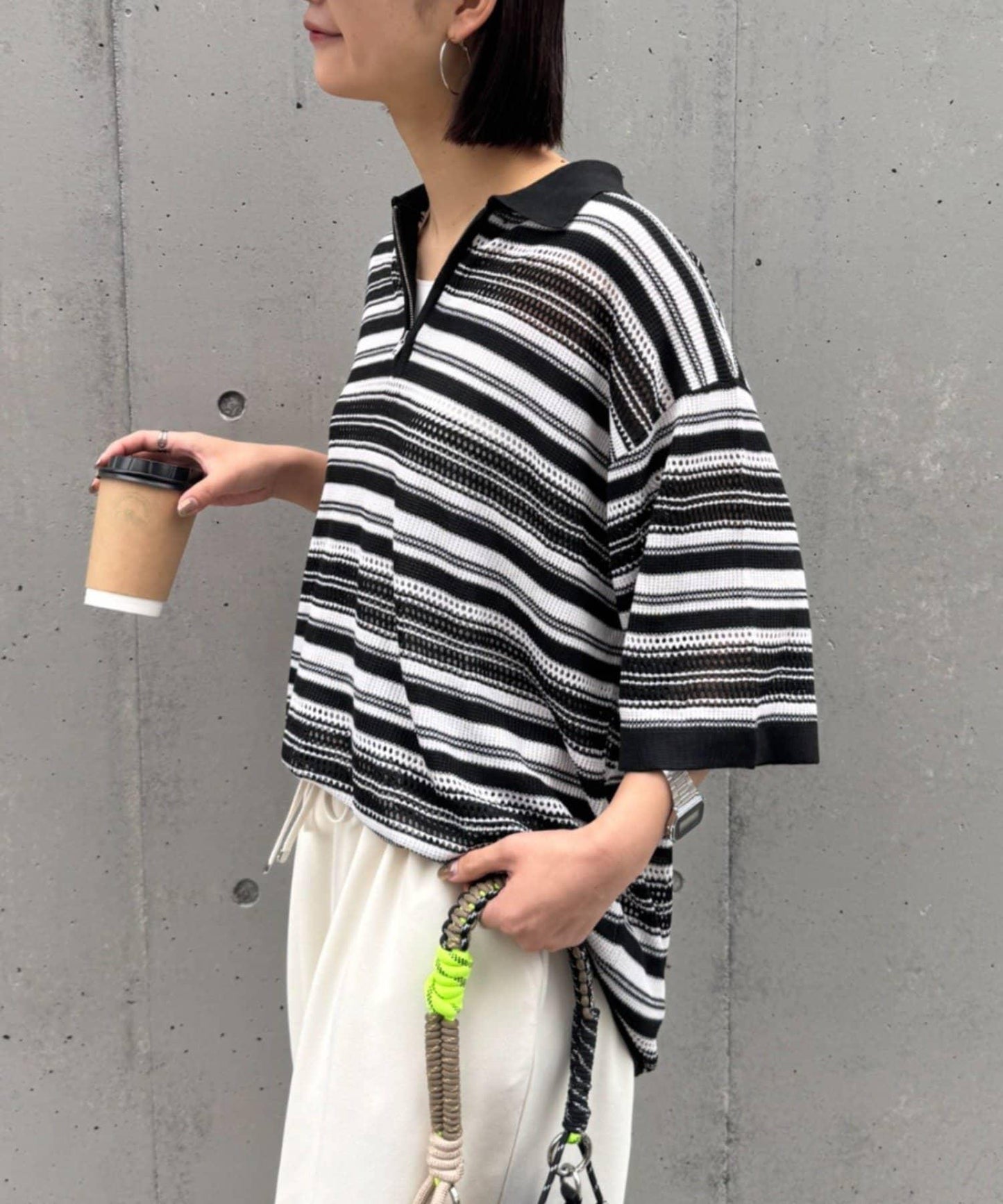 UNISEX 鏤空網眼條紋 半拉鍊 夏季針織 Polo衫