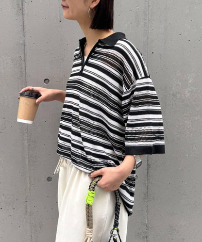 UNISEX 鏤空網眼條紋 半拉鍊 夏季針織 Polo衫