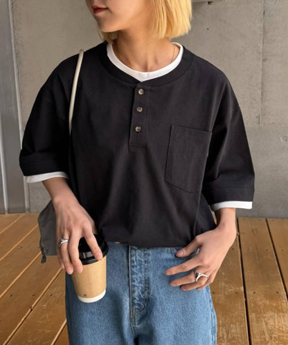 UNISEX 防汗漬 層疊效果亨利領TEE