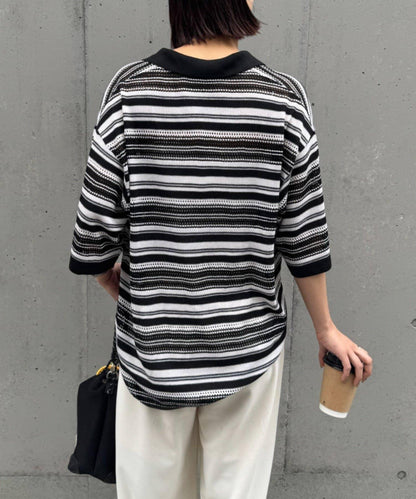 UNISEX 鏤空網眼條紋 半拉鍊 夏季針織 Polo衫