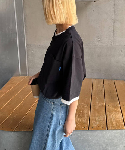 UNISEX 防汗漬 層疊效果亨利領TEE