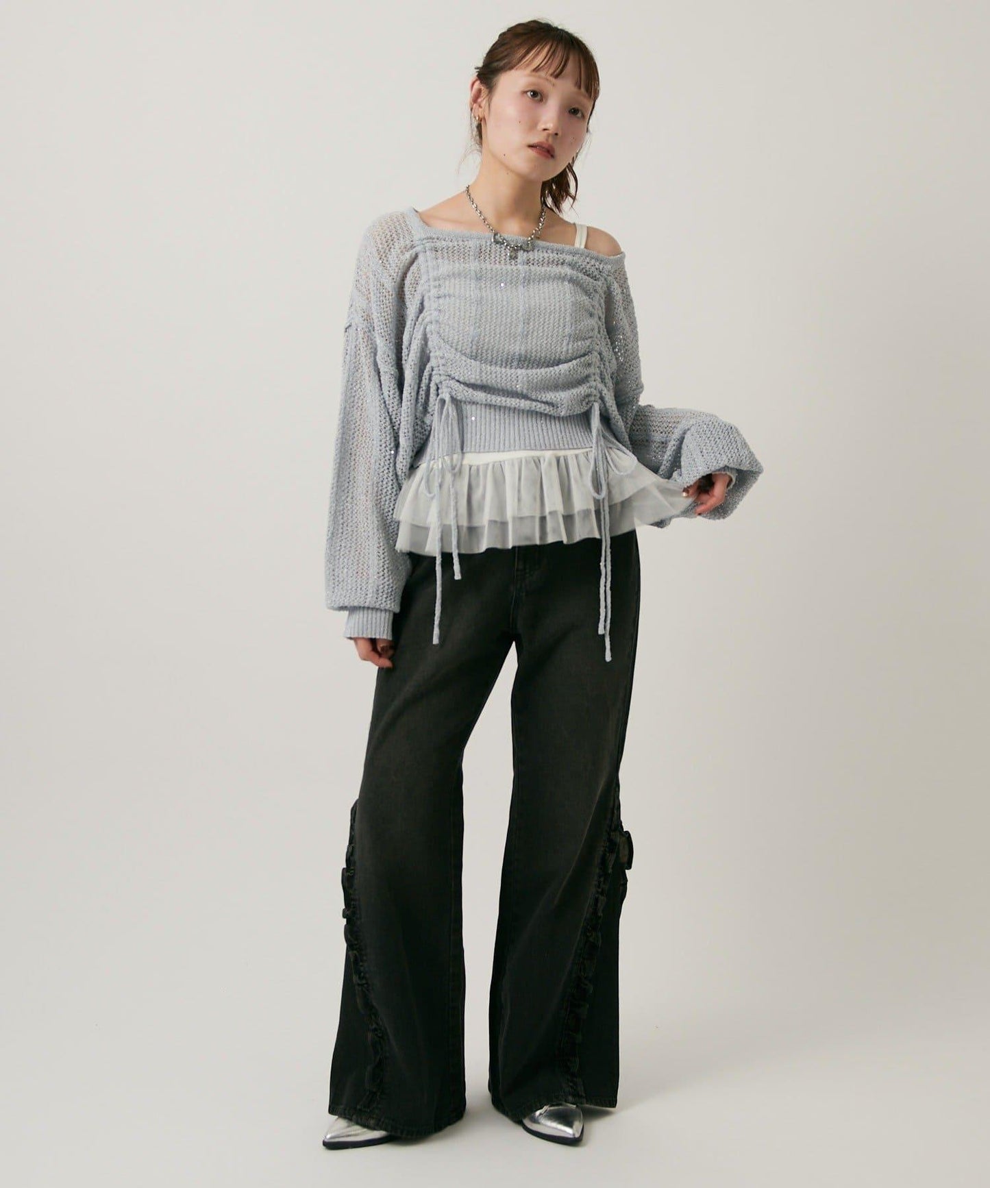 w closet 荷葉邊牛仔喇叭褲