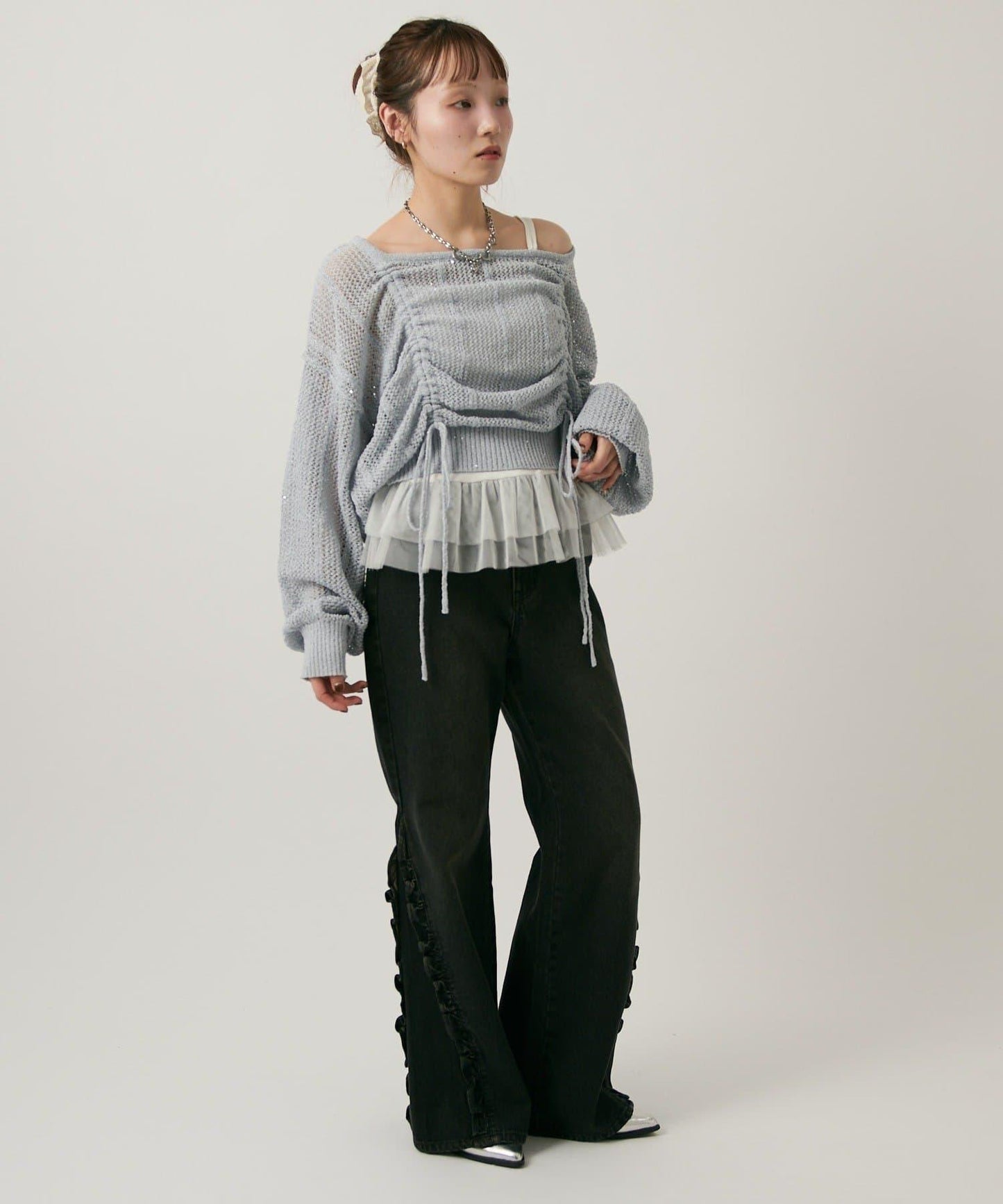 w closet 荷葉邊牛仔喇叭褲