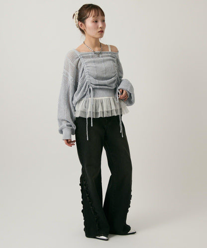 w closet 荷葉邊牛仔喇叭褲