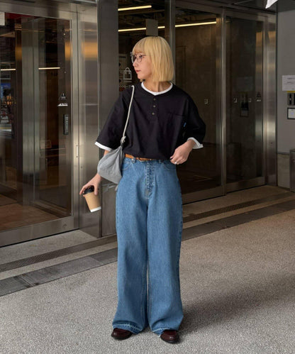 UNISEX 防汗漬 層疊效果亨利領TEE