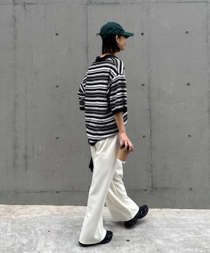 UNISEX 鏤空網眼條紋 半拉鍊 夏季針織 Polo衫