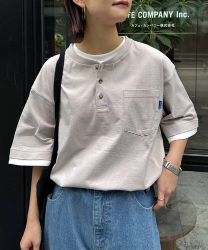 UNISEX 防汗漬 層疊效果亨利領TEE