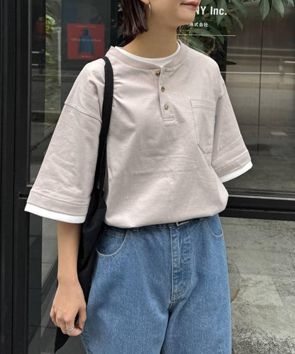 UNISEX 防汗漬 層疊效果亨利領TEE