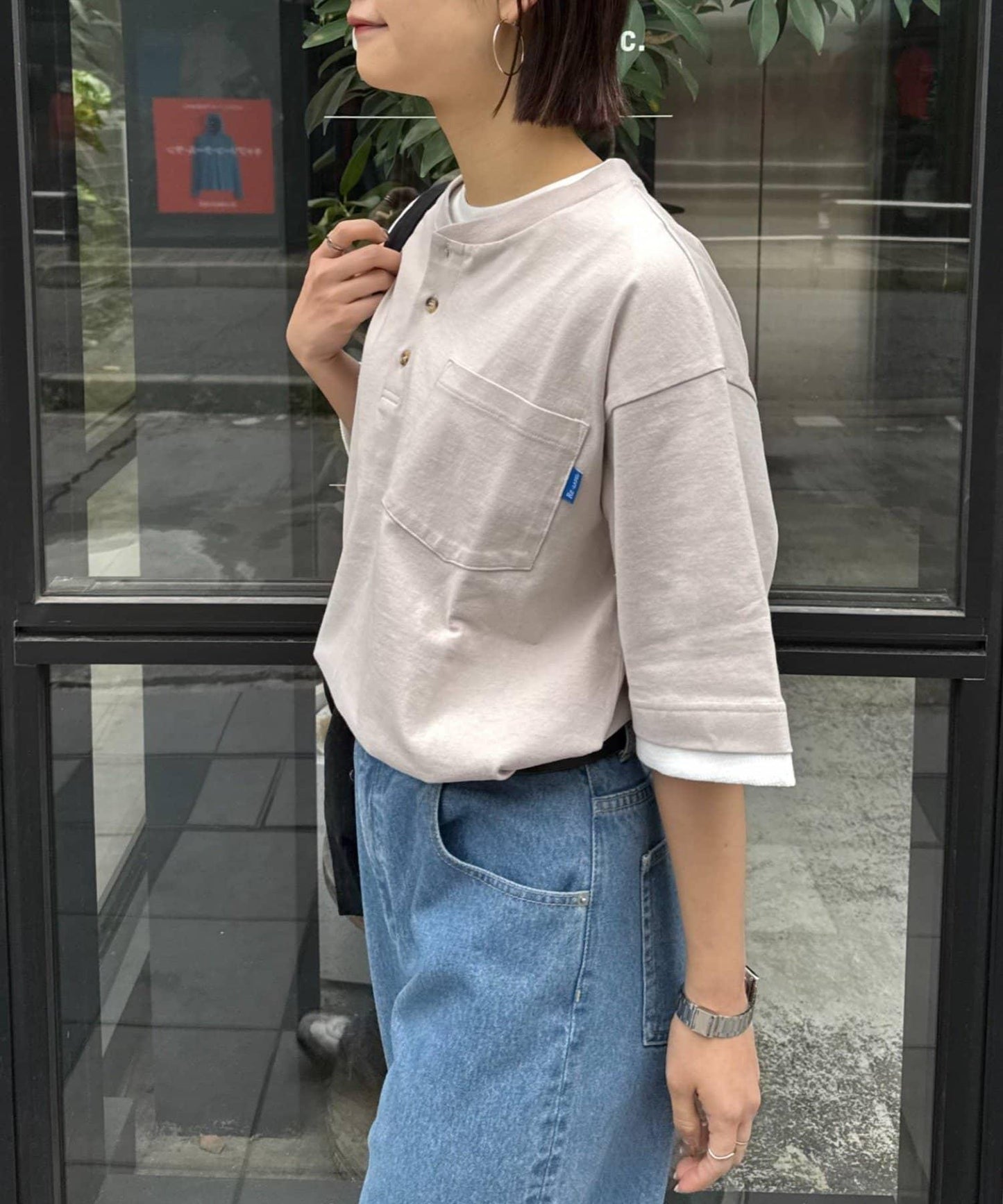 UNISEX 防汗漬 層疊效果亨利領TEE