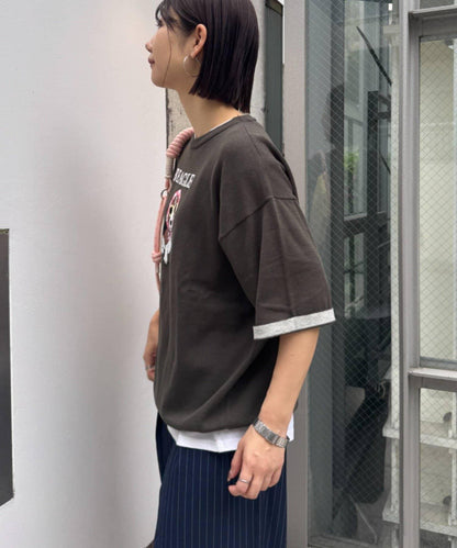 UNISEX 動物圖案 袖拼接配色 夏季針織 T恤