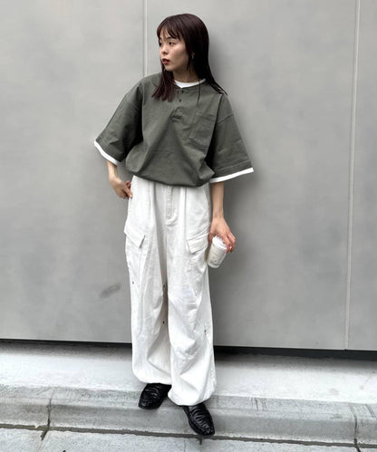 UNISEX 防汗漬 層疊效果亨利領TEE
