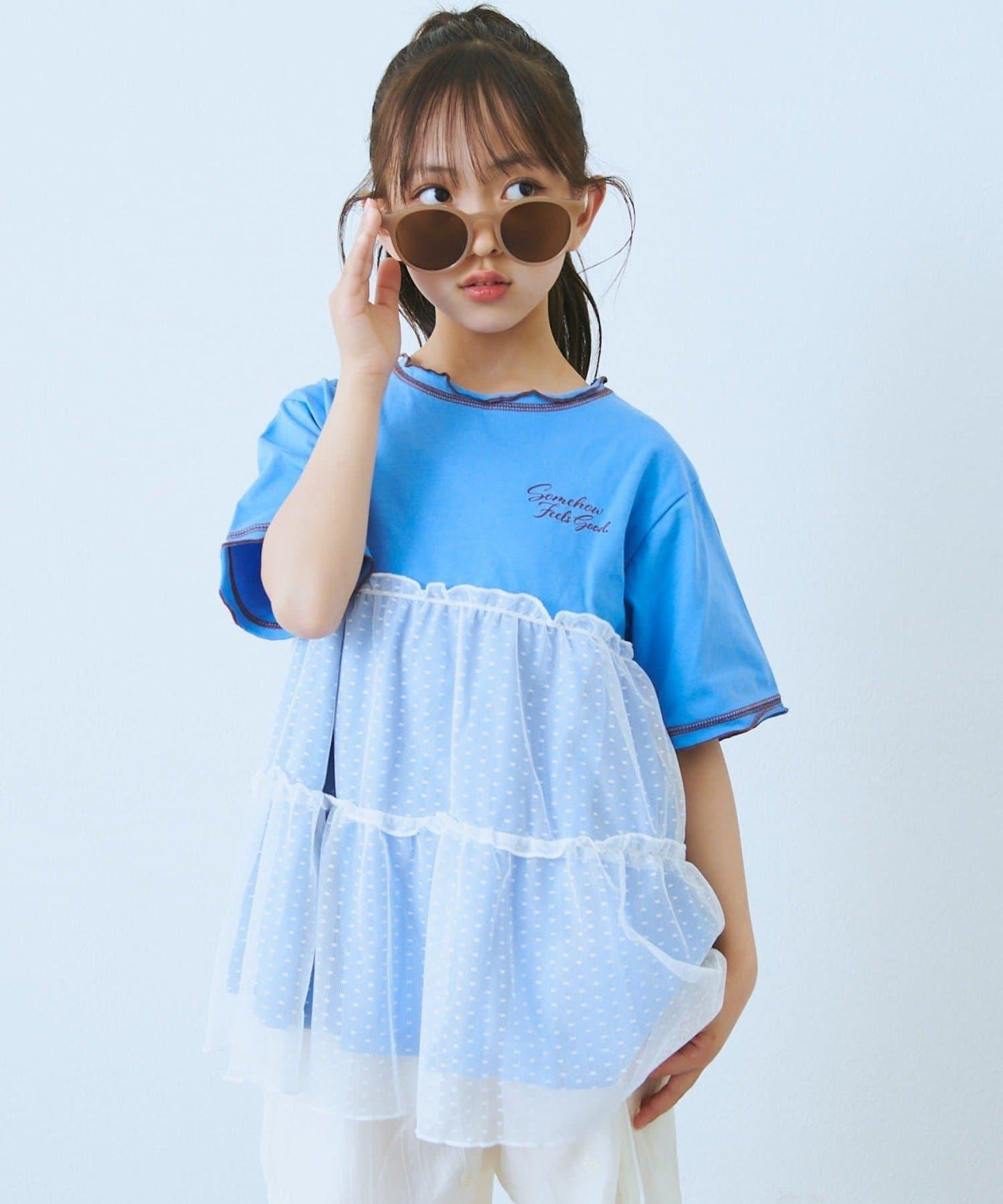 KIDS 圓點網紗拼接配色拼線 連衣裙