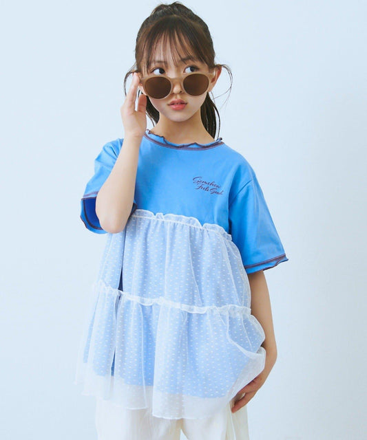 KIDS 圓點網紗拼接配色拼線 連衣裙