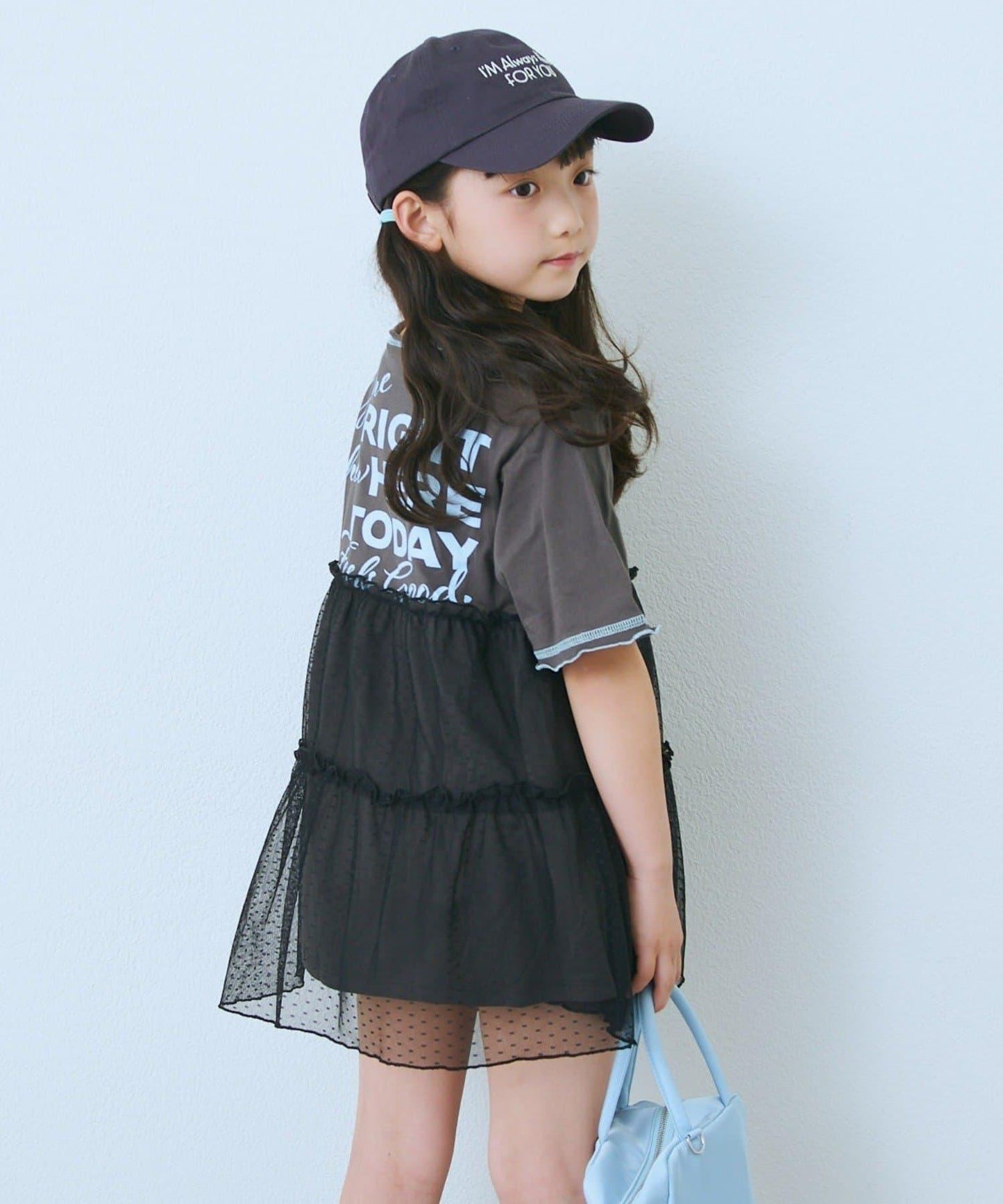KIDS 圓點網紗拼接配色拼線 連衣裙