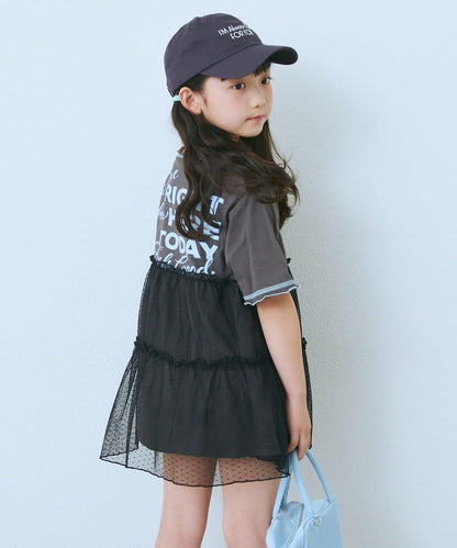 KIDS 圓點網紗拼接配色拼線 連衣裙