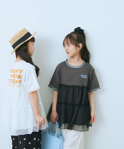 KIDS 圓點網紗拼接配色拼線 連衣裙