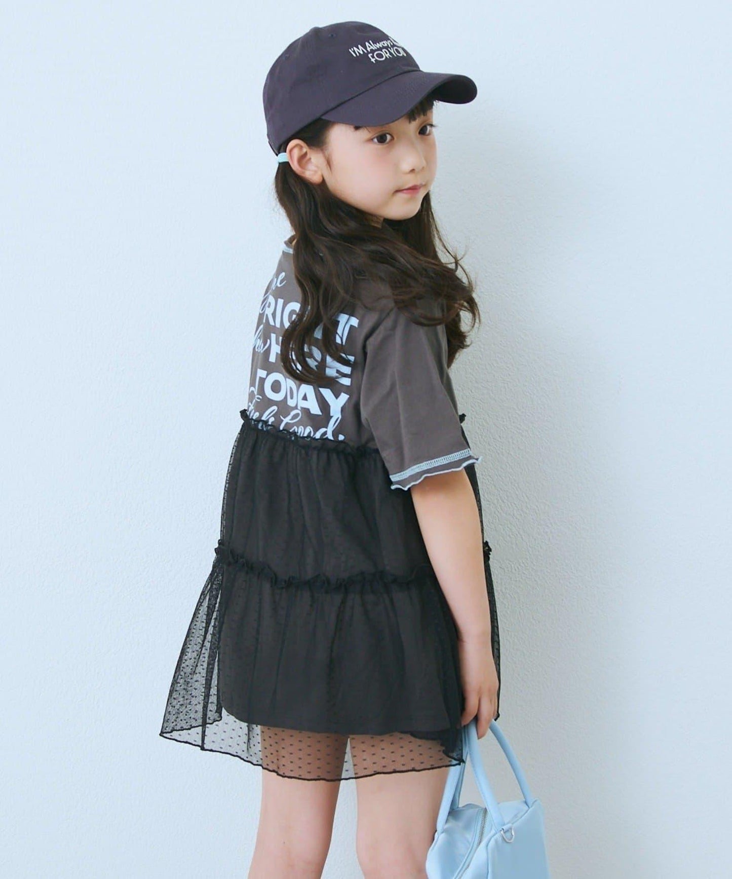 KIDS 圓點網紗拼接配色拼線 連衣裙