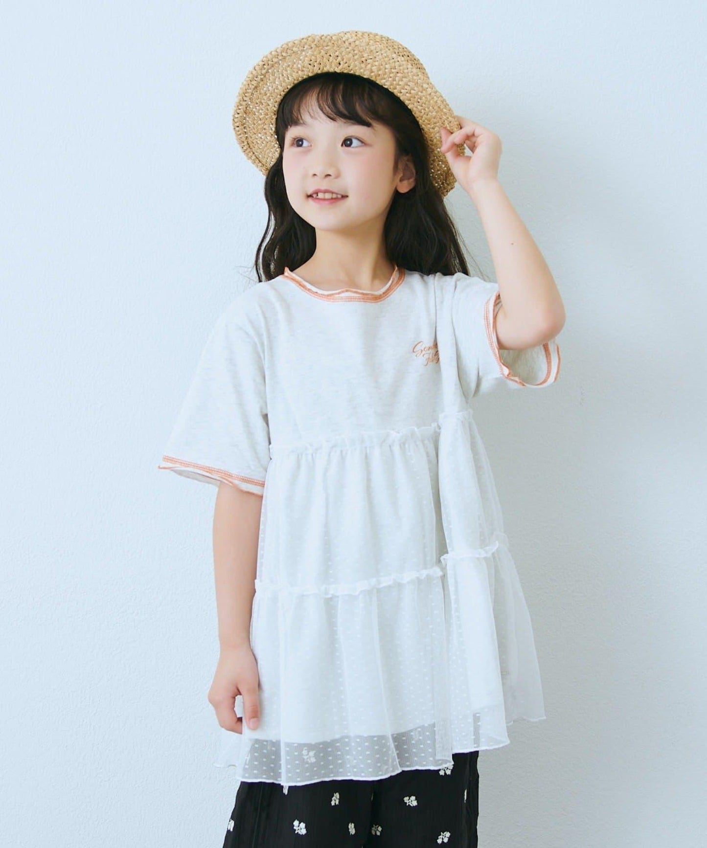 KIDS 圓點網紗拼接配色拼線 連衣裙