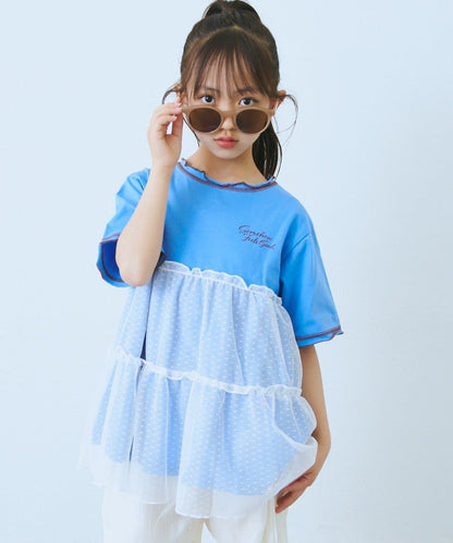KIDS 圓點網紗拼接配色拼線 連衣裙
