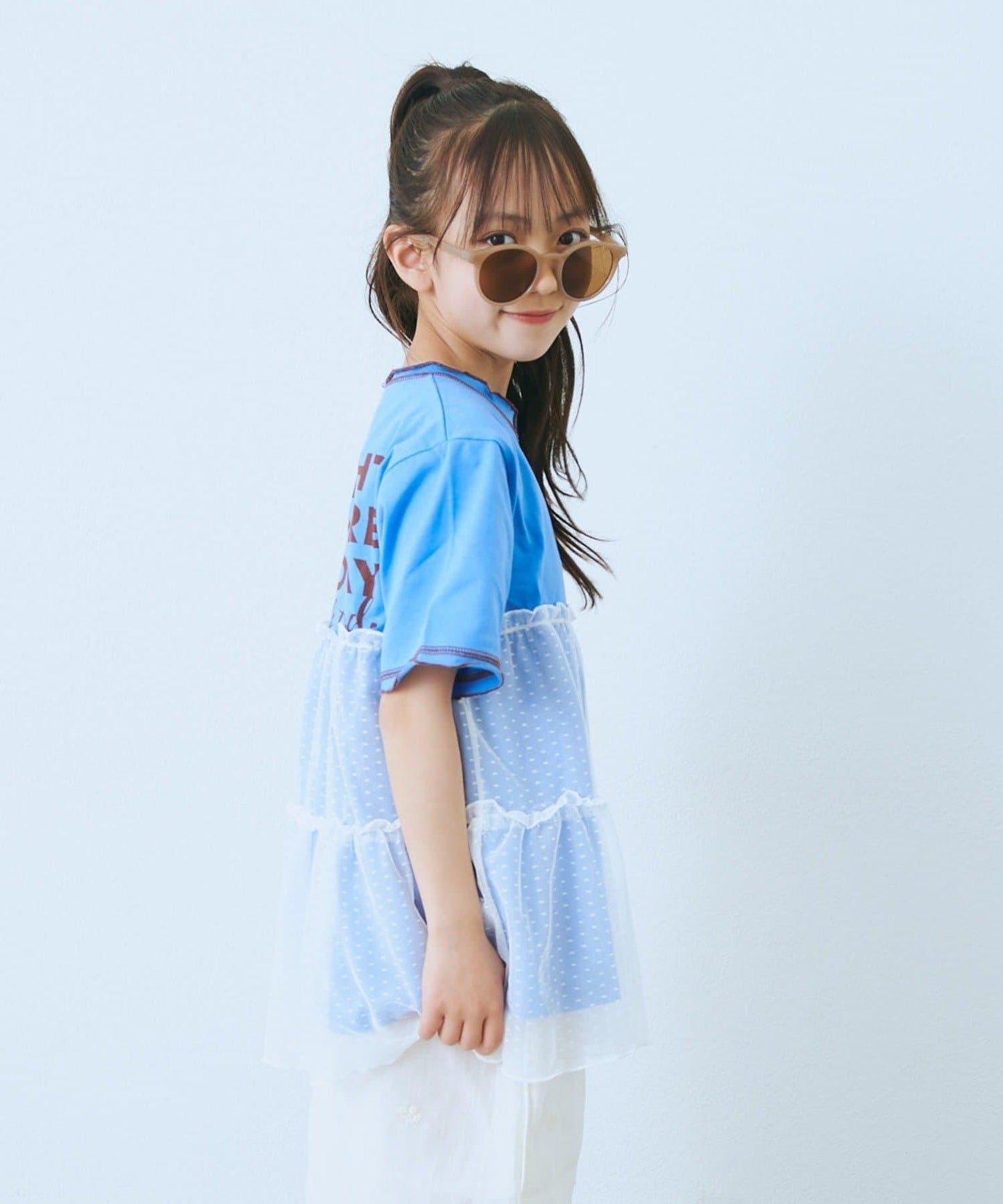 KIDS 圓點網紗拼接配色拼線 連衣裙