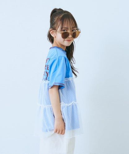 KIDS 圓點網紗拼接配色拼線 連衣裙