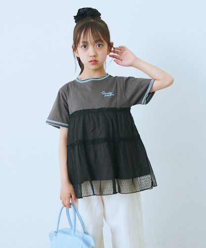 KIDS 圓點網紗拼接配色拼線 連衣裙