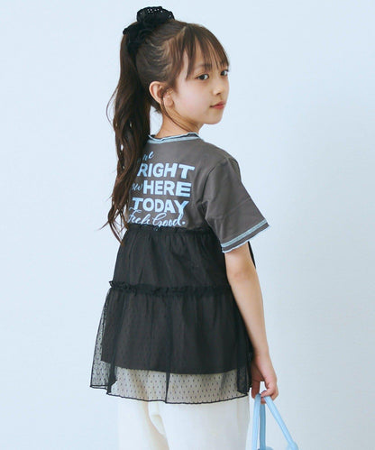 KIDS 圓點網紗拼接配色拼線 連衣裙