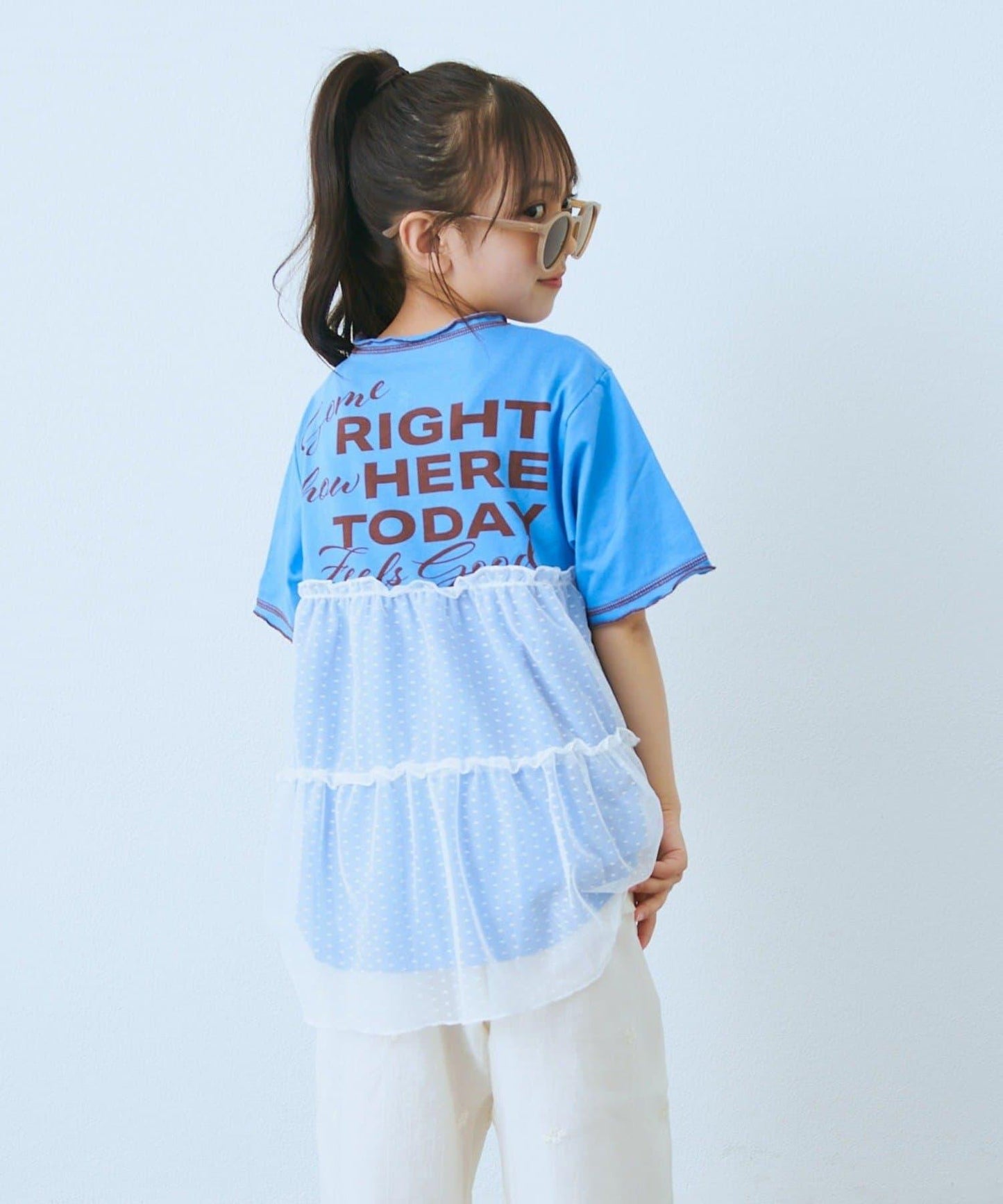 KIDS 圓點網紗拼接配色拼線 連衣裙