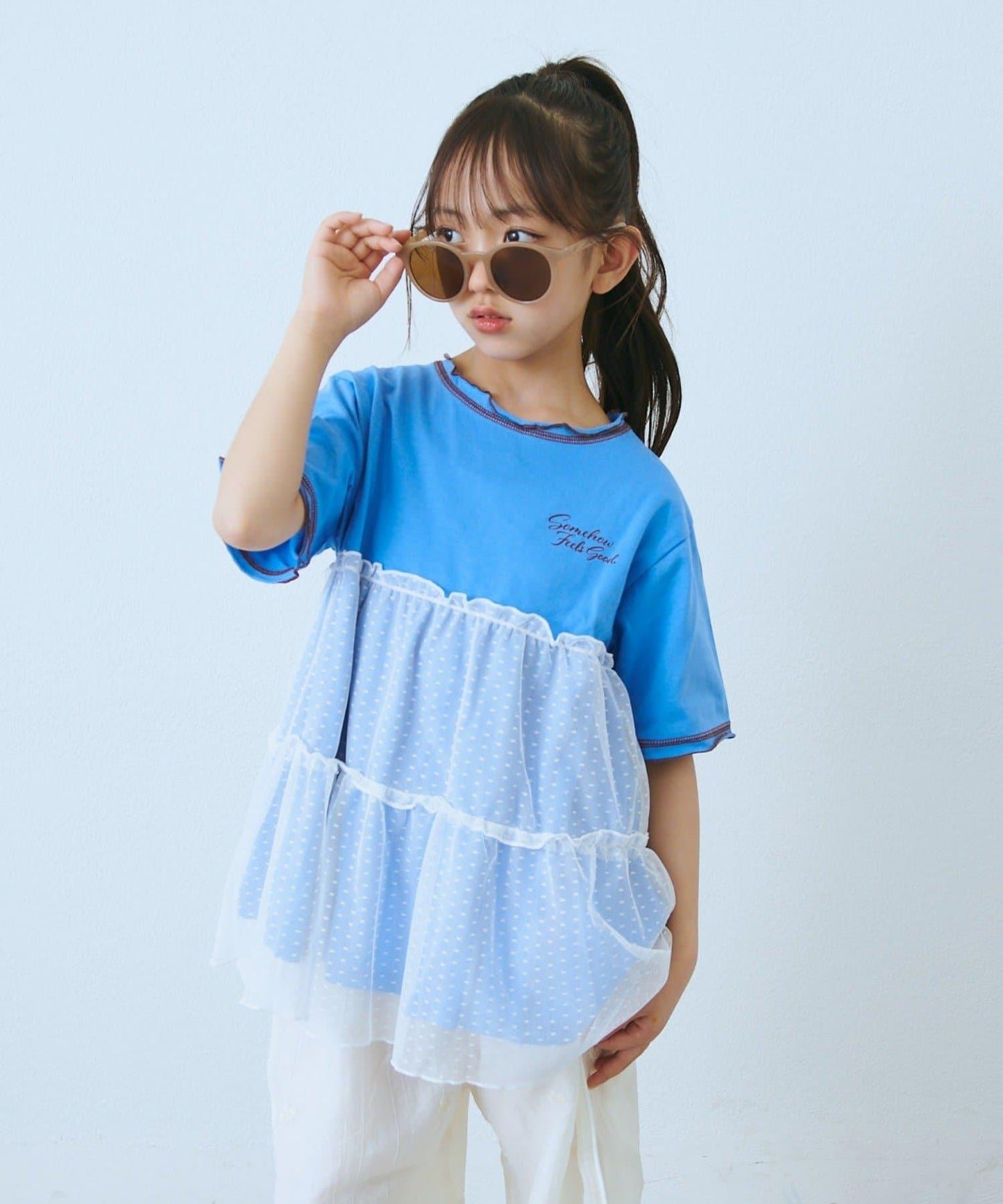 KIDS 圓點網紗拼接配色拼線 連衣裙