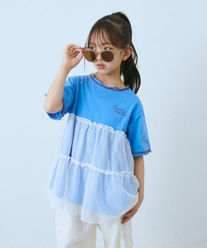 KIDS 圓點網紗拼接配色拼線 連衣裙