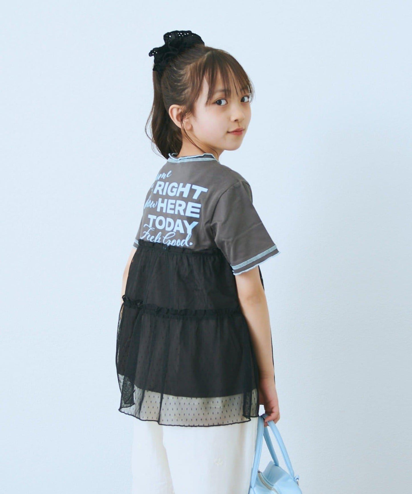 KIDS 圓點網紗拼接配色拼線 連衣裙